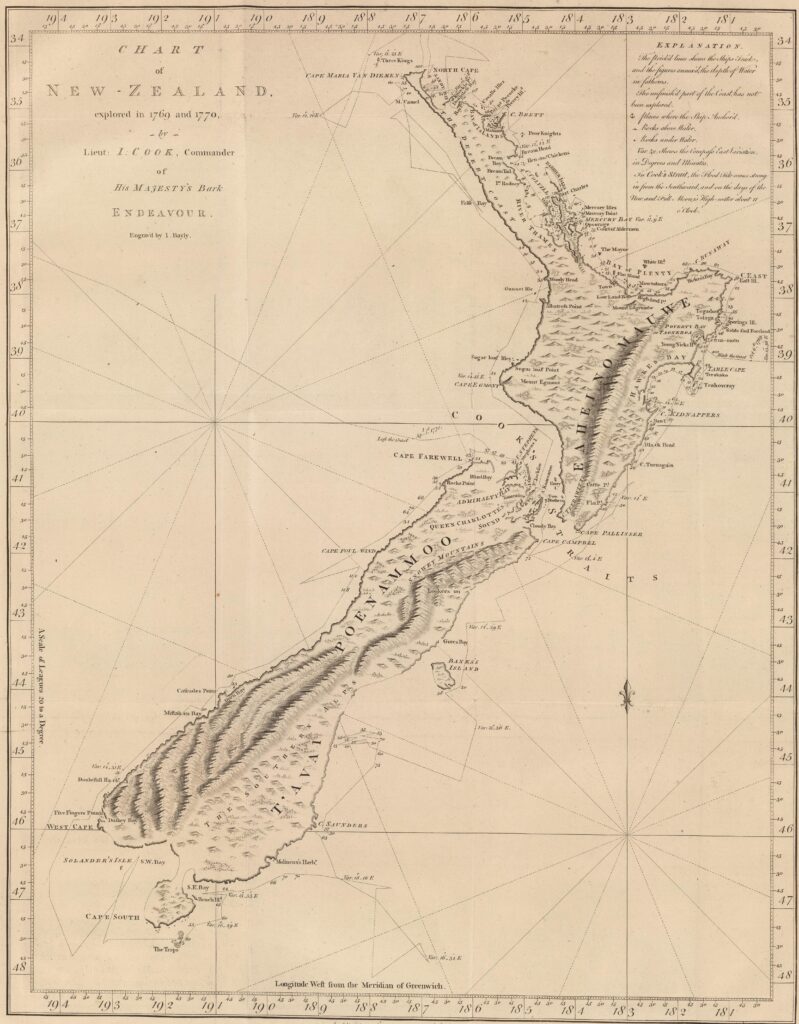 Mapa de Nueva Zelanda, por James Cook (1773)