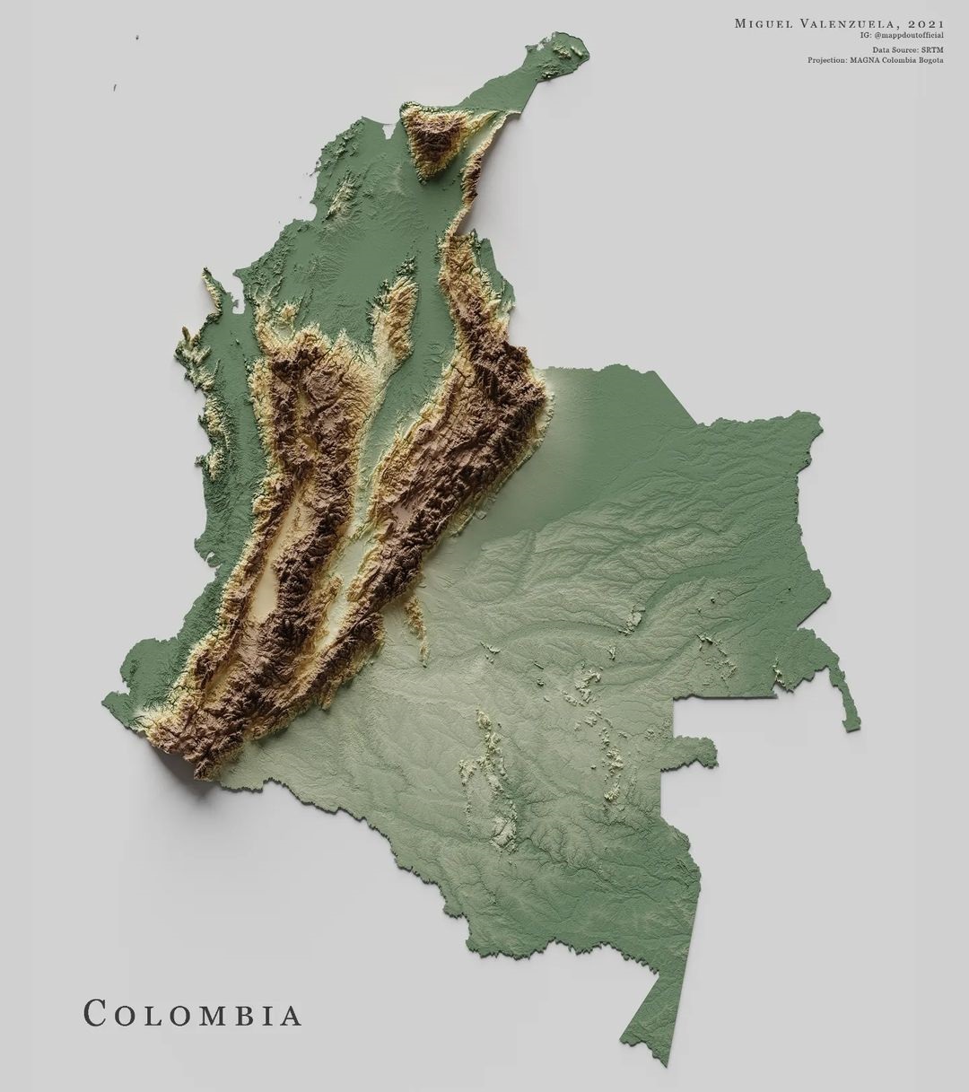 Mapa de relieve de Colombia, por Miguel Valenzuela (2022)
