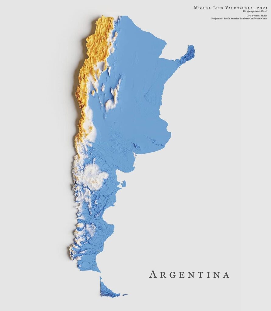 Mapa de relieve de Argentina, por Miguel Valenzuela (2021)