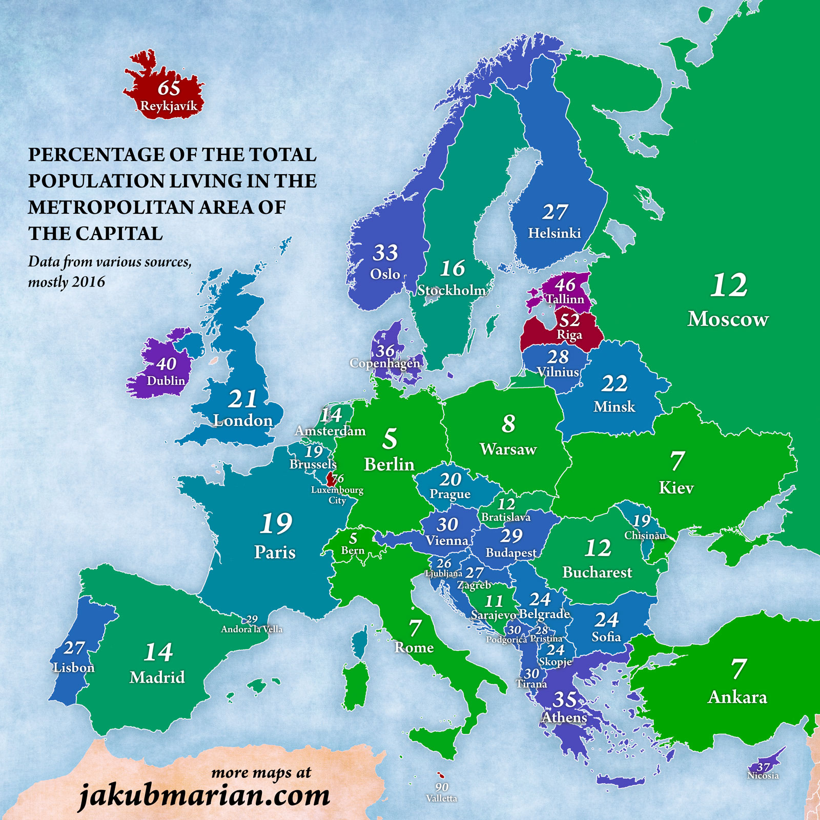 Porcentaje de habitantes que viven en cada capital de Europa (2016)