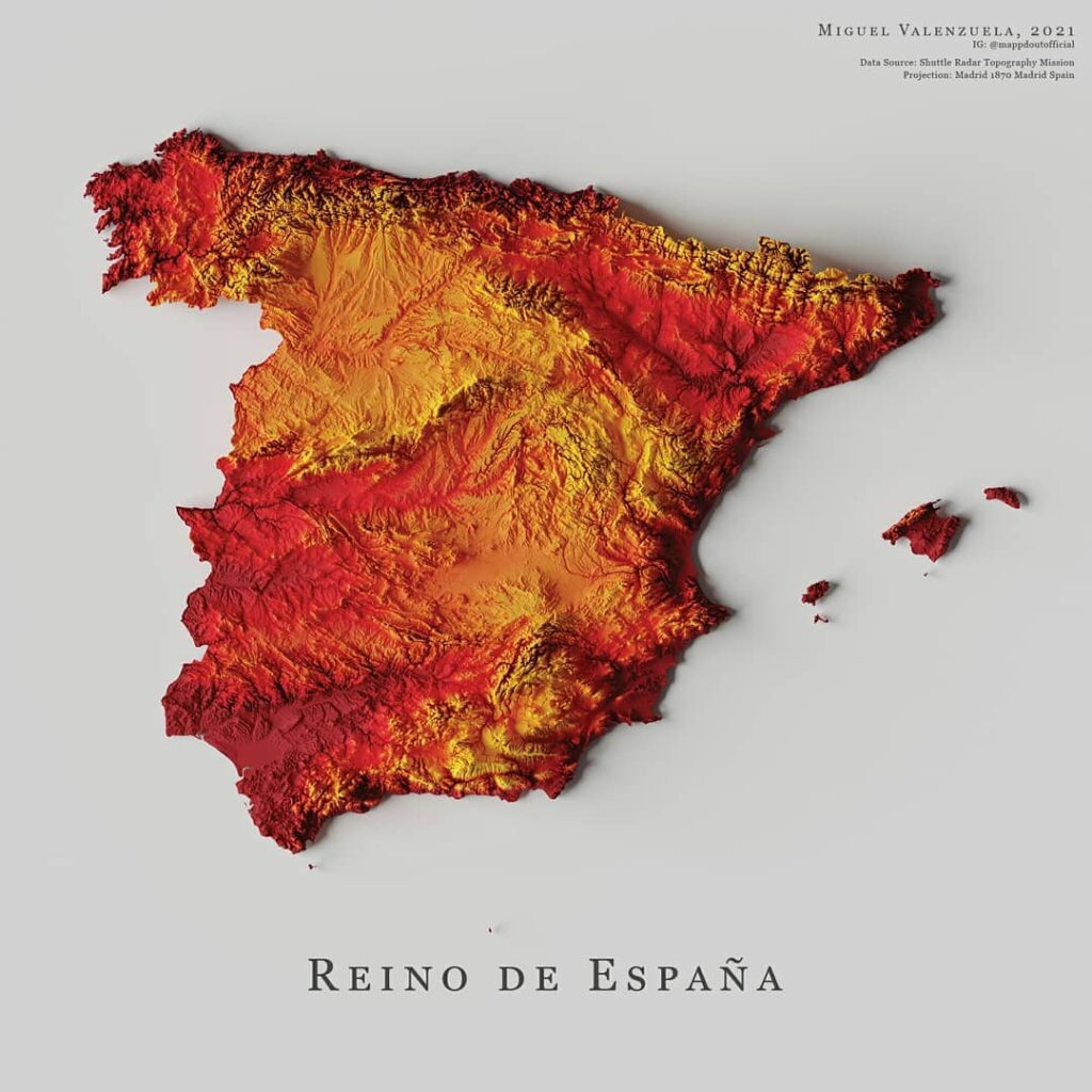 Mapa de relieve de España, por Miguel Valenzuela (2021)