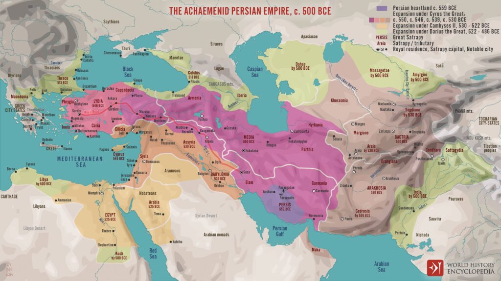 Mapa de la expansión del Imperio Aqueménida (500 a.C.)
