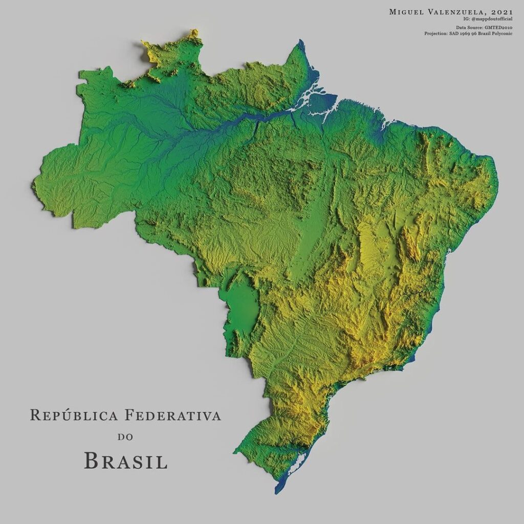 Mapa de relieve de Brasil, por Miguel Valenzuela (2021)