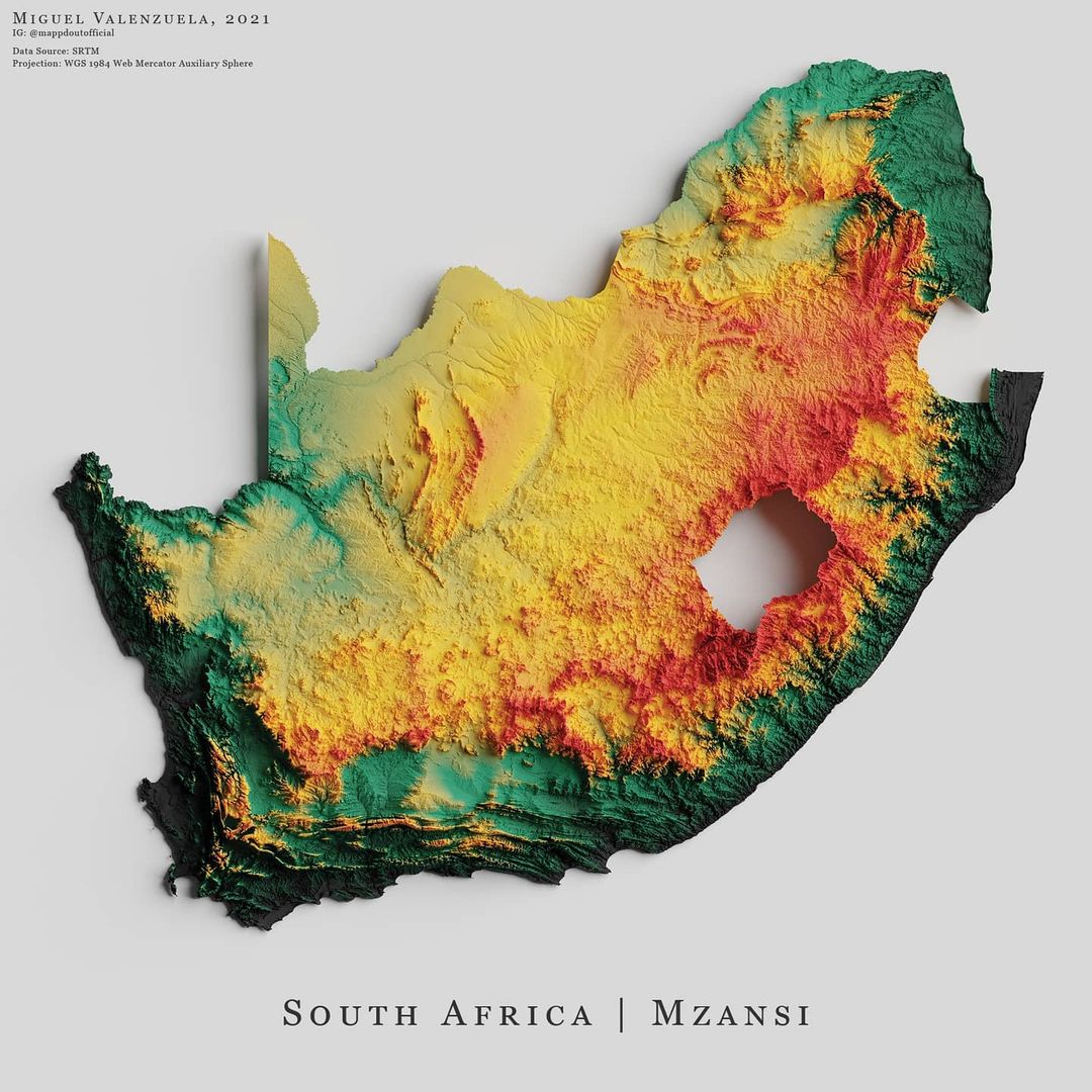 Mapa de relieve de Sudáfrica, por Miguel Valenzuela (2021)
