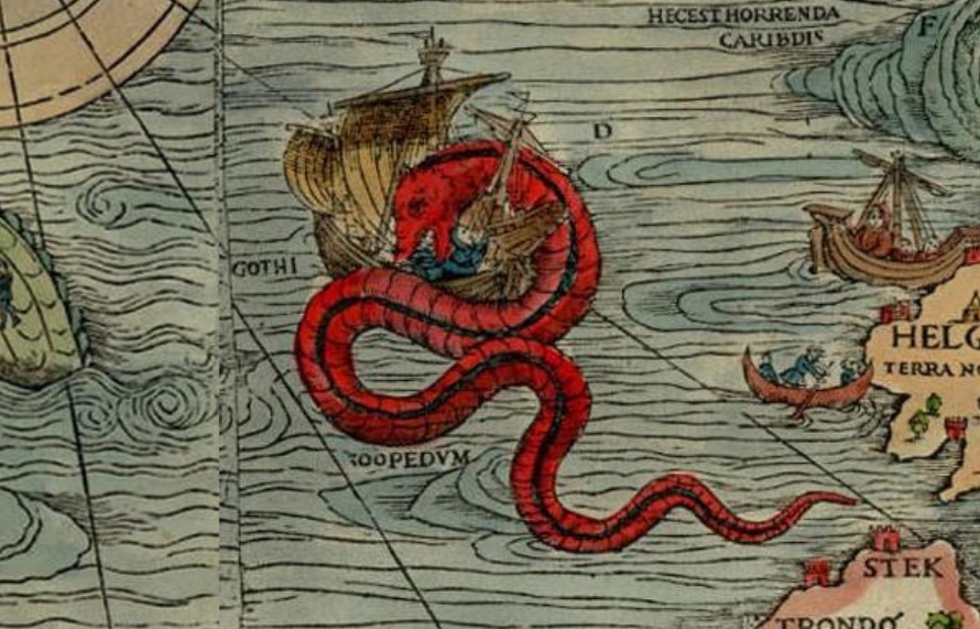 Una serpiente marina roja haciendo de Leviatán