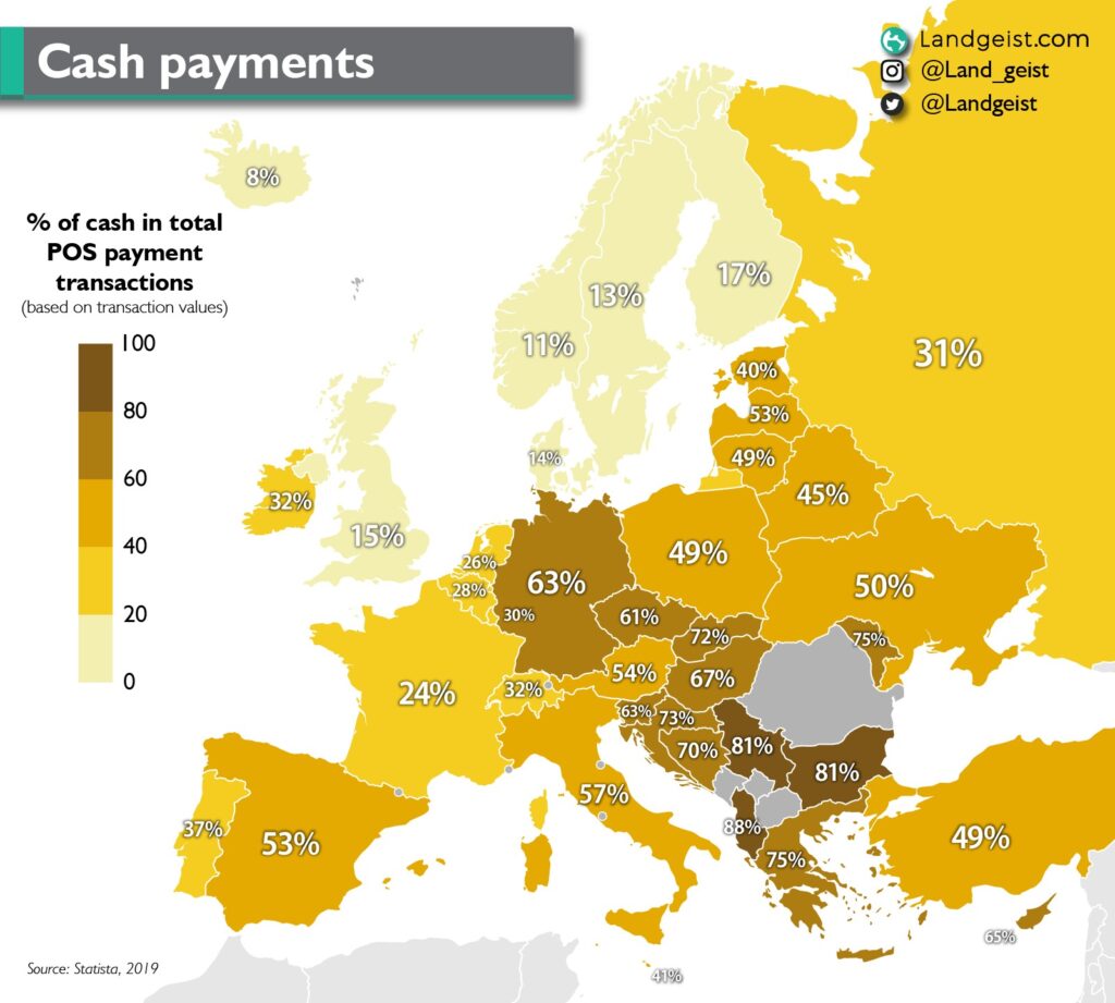 Mapa del uso de efectivo en Europa (2019)