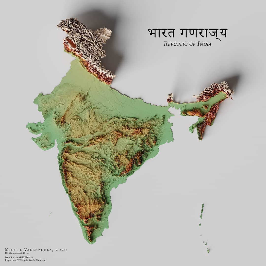 Mapa de relieve de India, por Miguel Valenzuela (2020)
