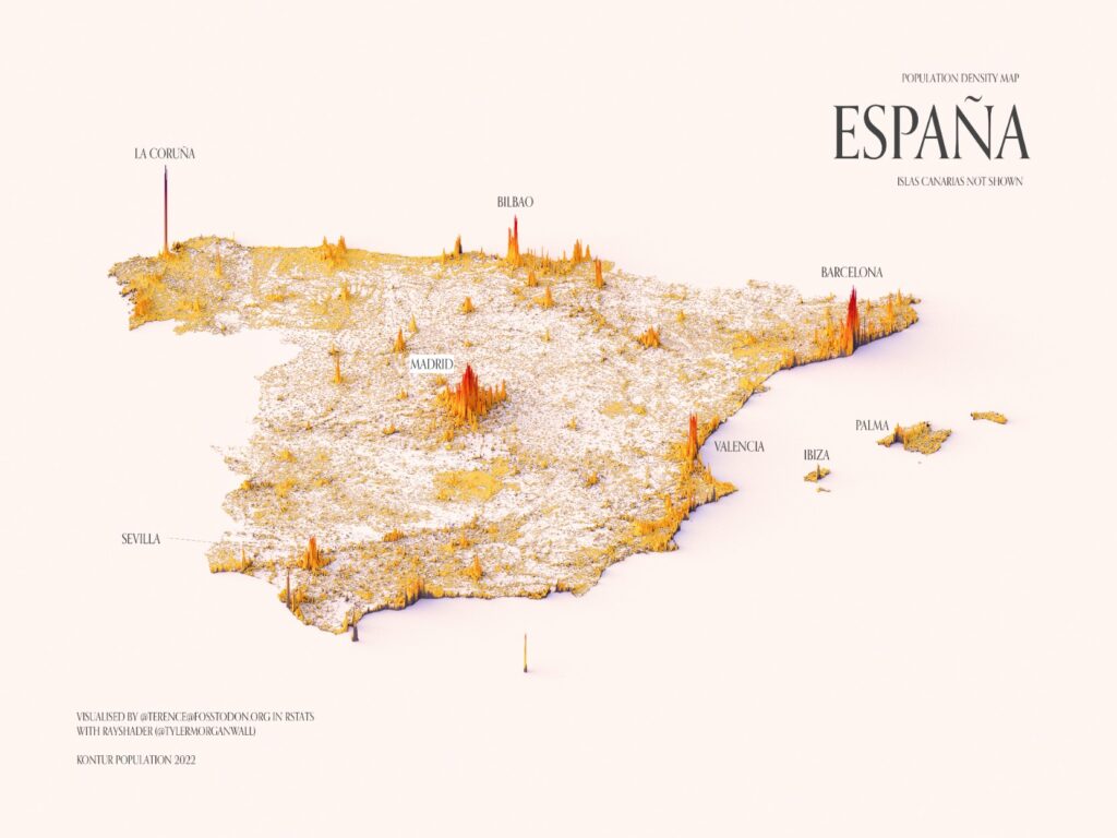 Densidad de población de España, sin Canarias (2022)