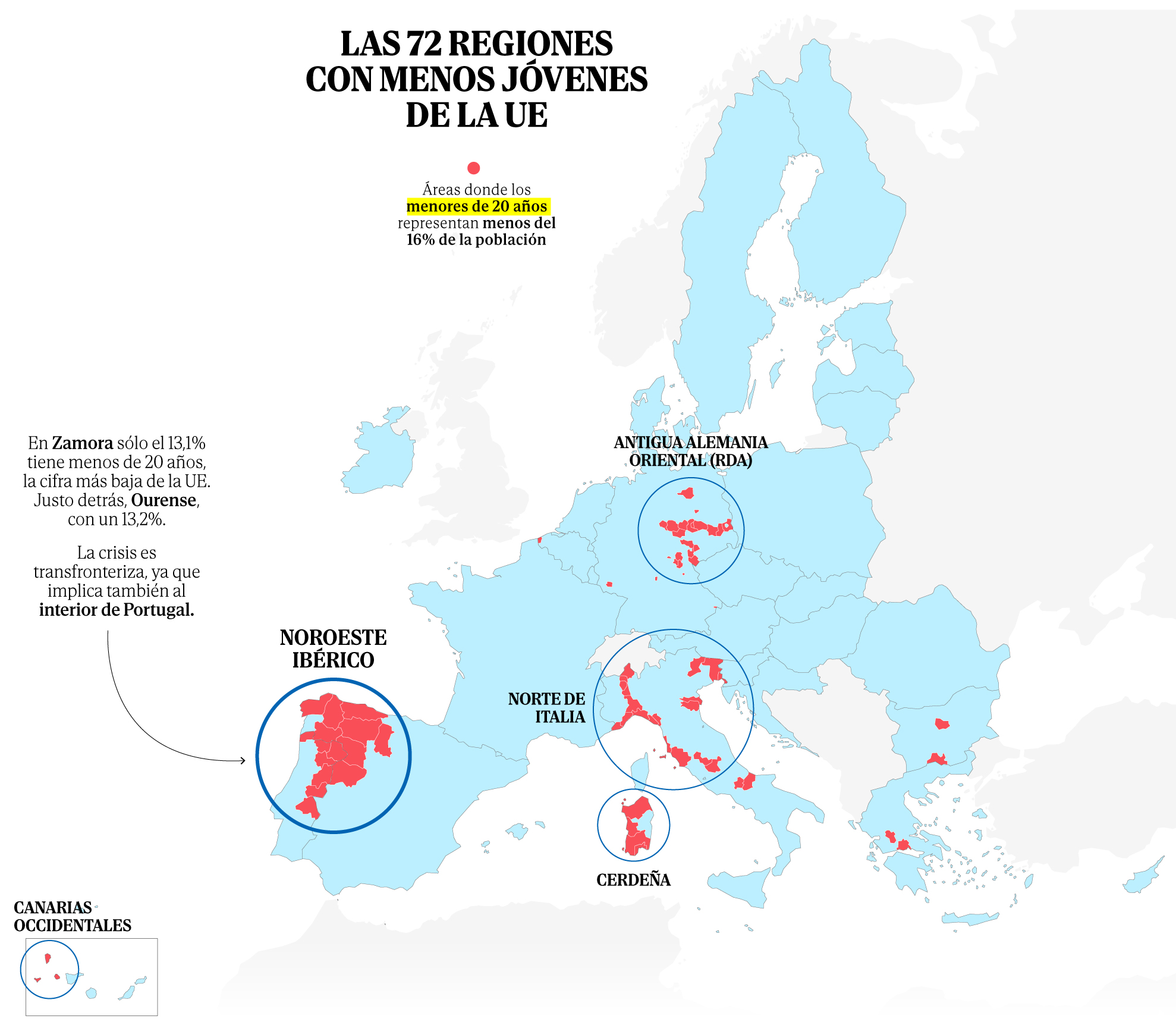 Regiones con menos jóvenes de la Unión Europea (2023)