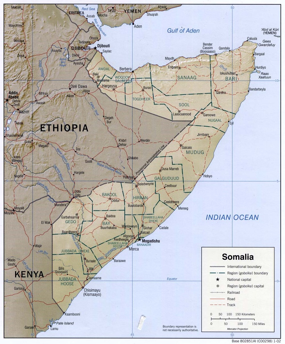 Mapa físico y político de Somalia (2002)
