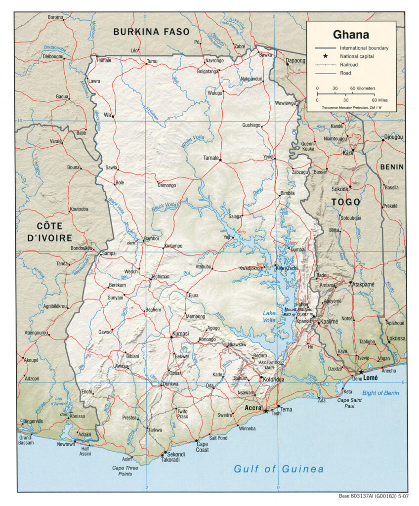 Mapa físico y político de Ghana (2007)