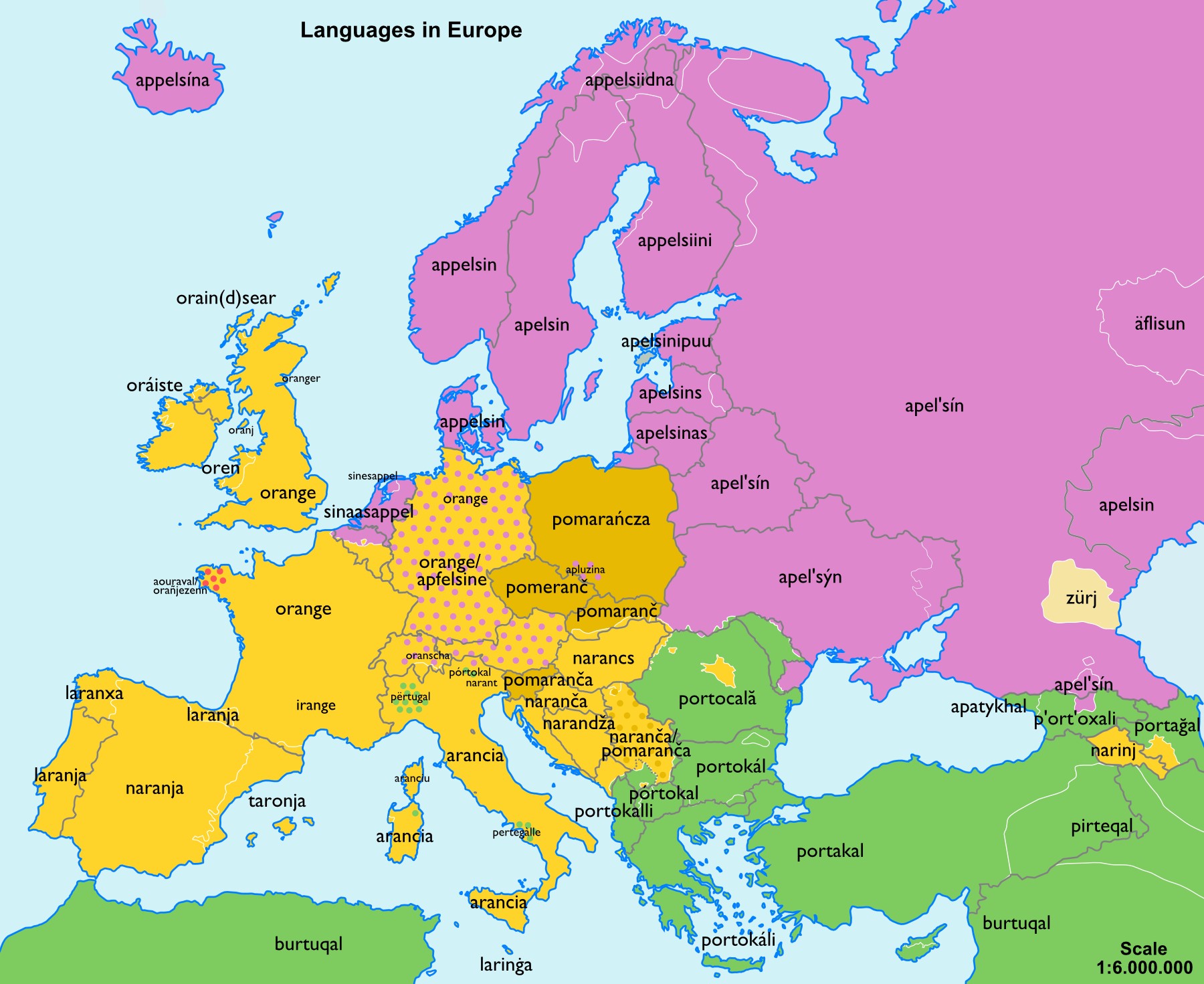 Mapa lingüístico de la naranja en Europa (2013)