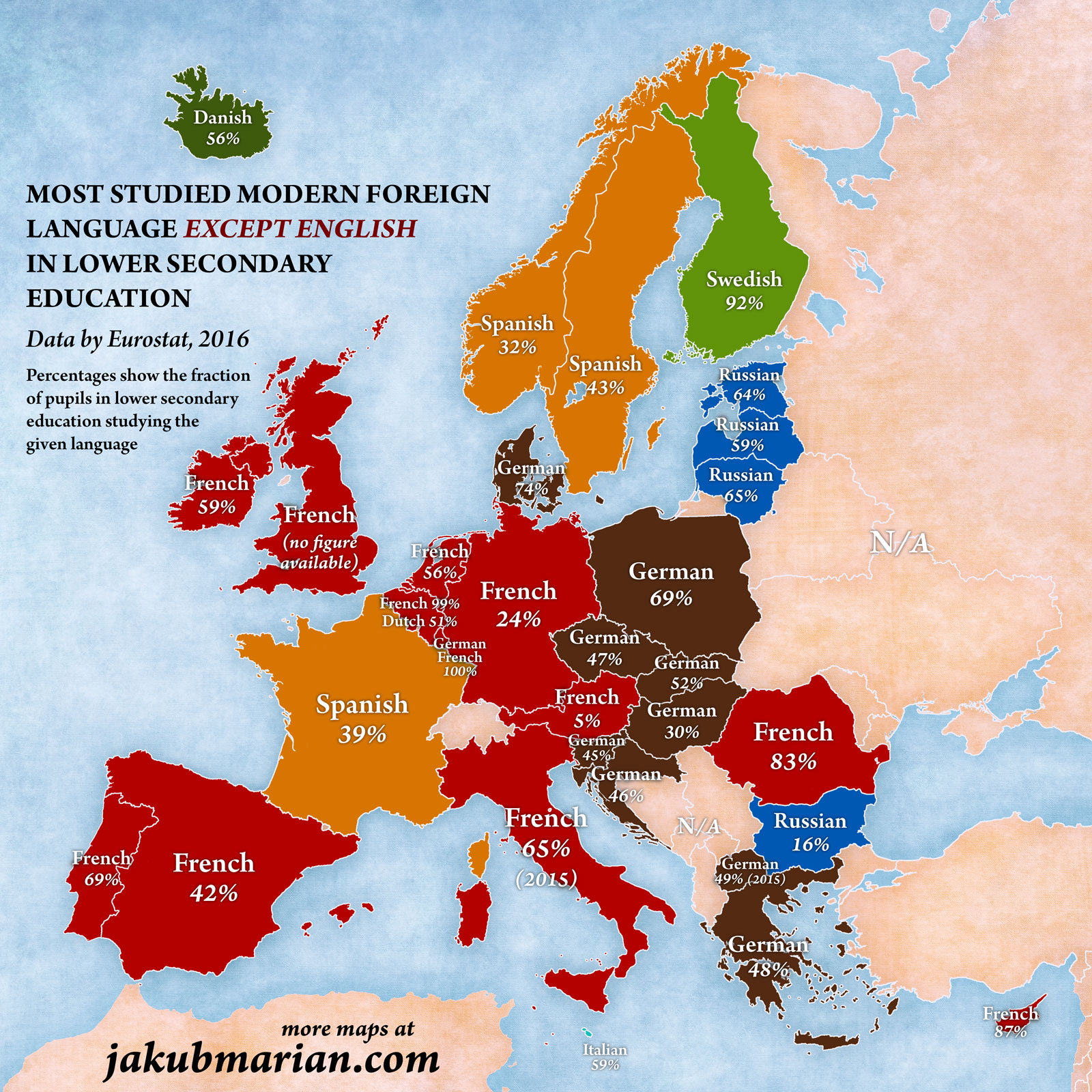 Segunda lengua extranjera más estudiada en la Unión Europea (2016)