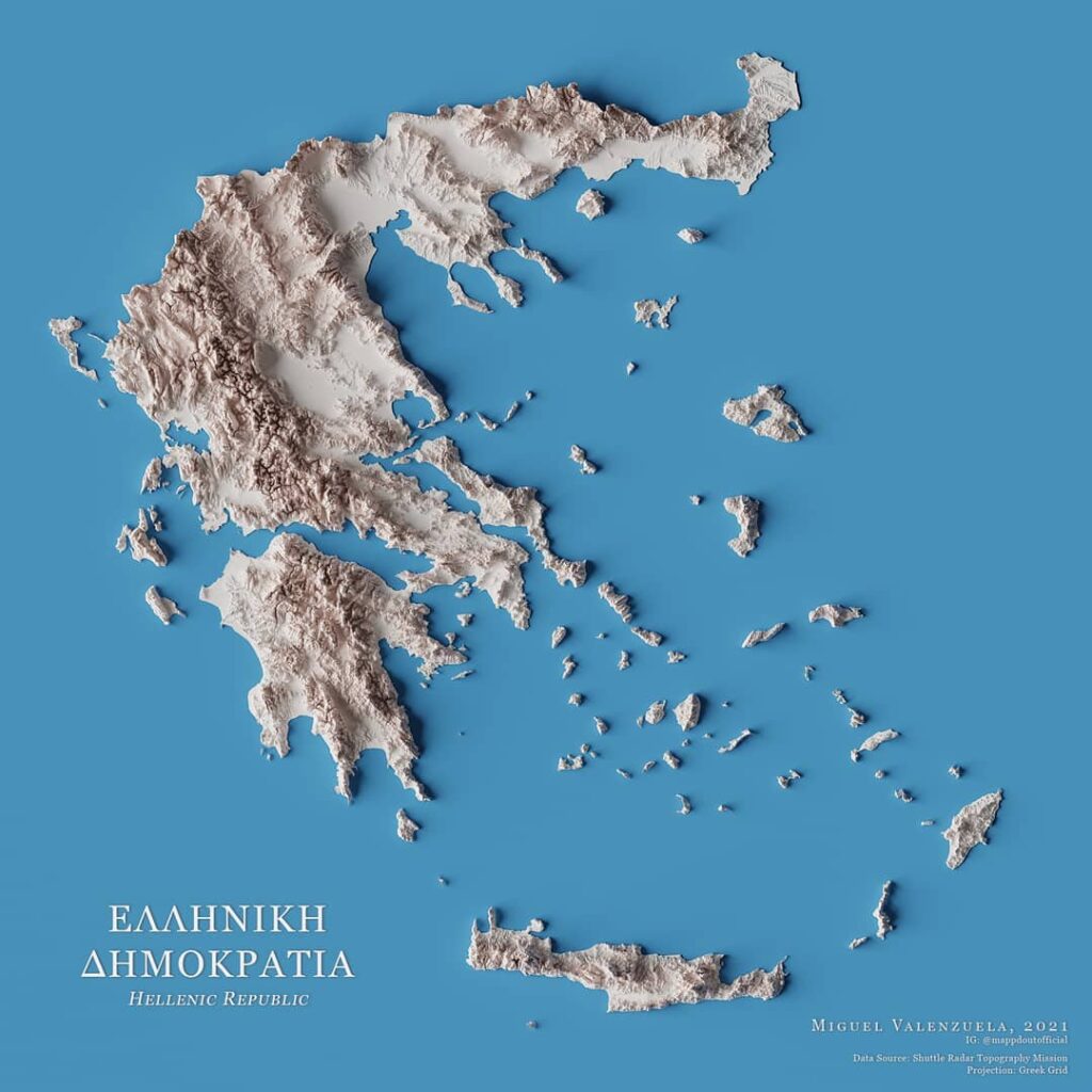 Mapa de relieve de Grecia, por Miguel Valenzuela (2021)