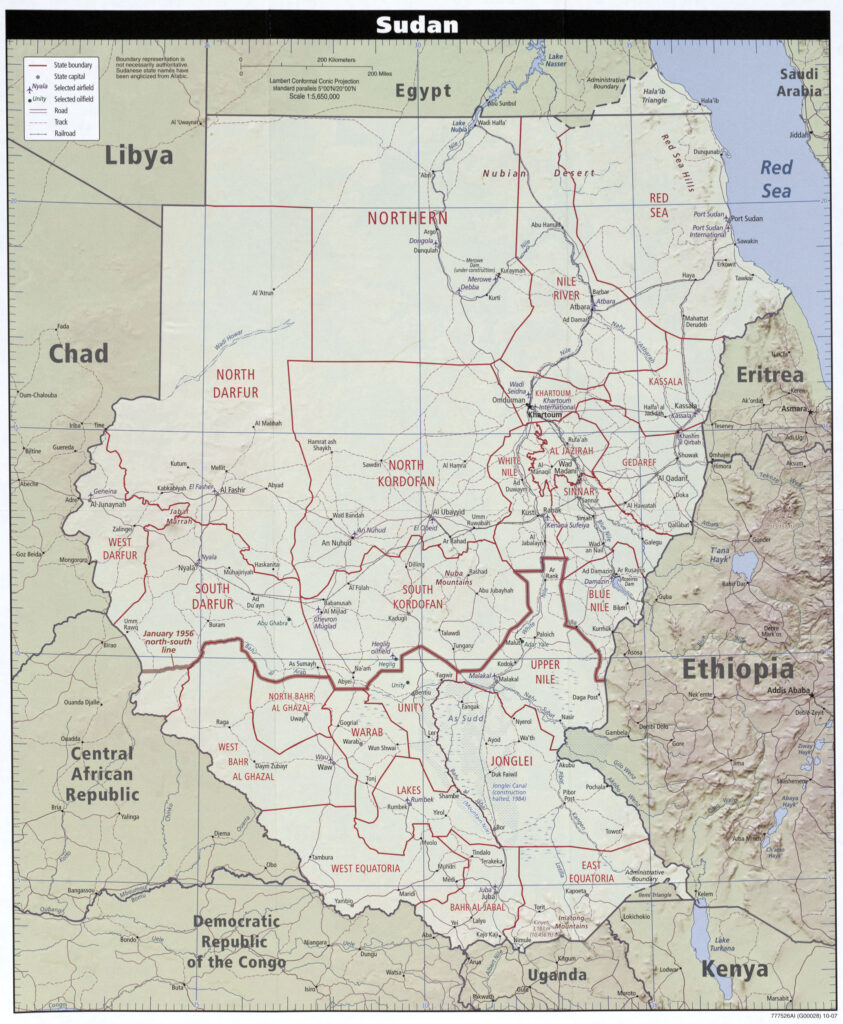 Mapa físico y político de Sudán (2007)