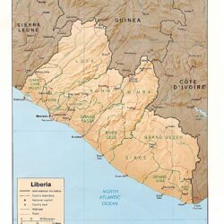 Mapa físico y político de Liberia (1996)