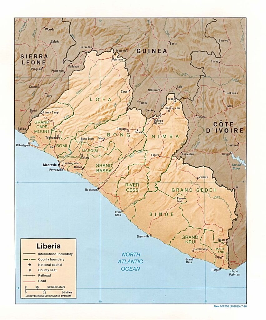Mapa físico y político de Liberia (1996)