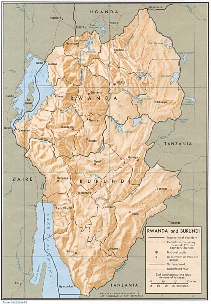 Mapa físico y político de Ruanda y Burundi (1975)