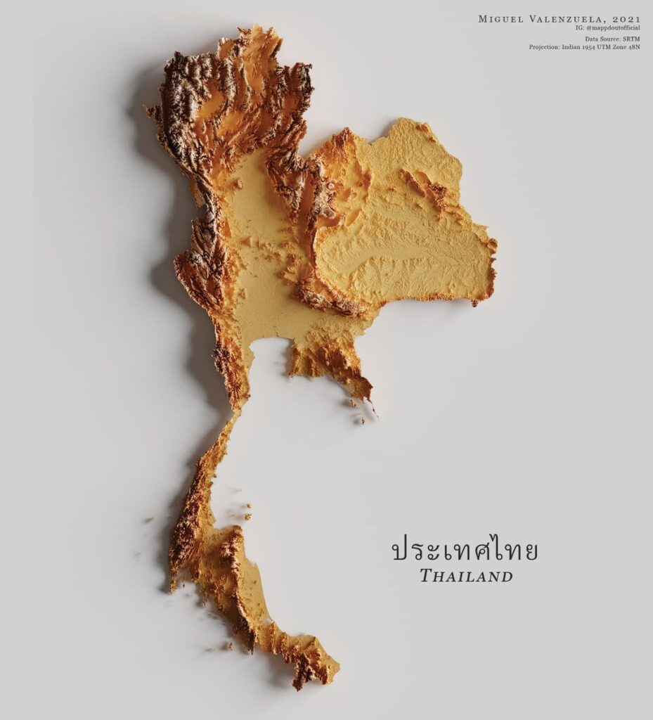 Mapa de relieve de Tailandia, por Miguel Valenzuela (2021)