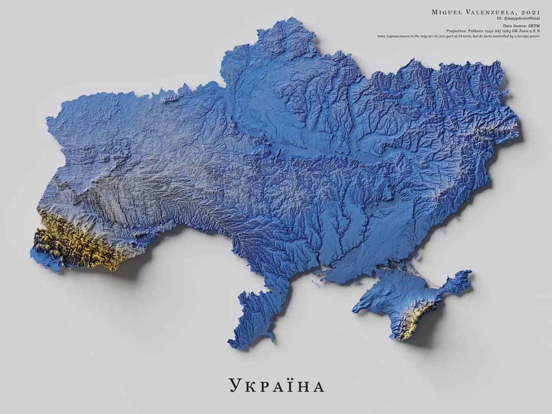 Mapa de relieve de Ucrania, por Miguel Valenzuela (2021)