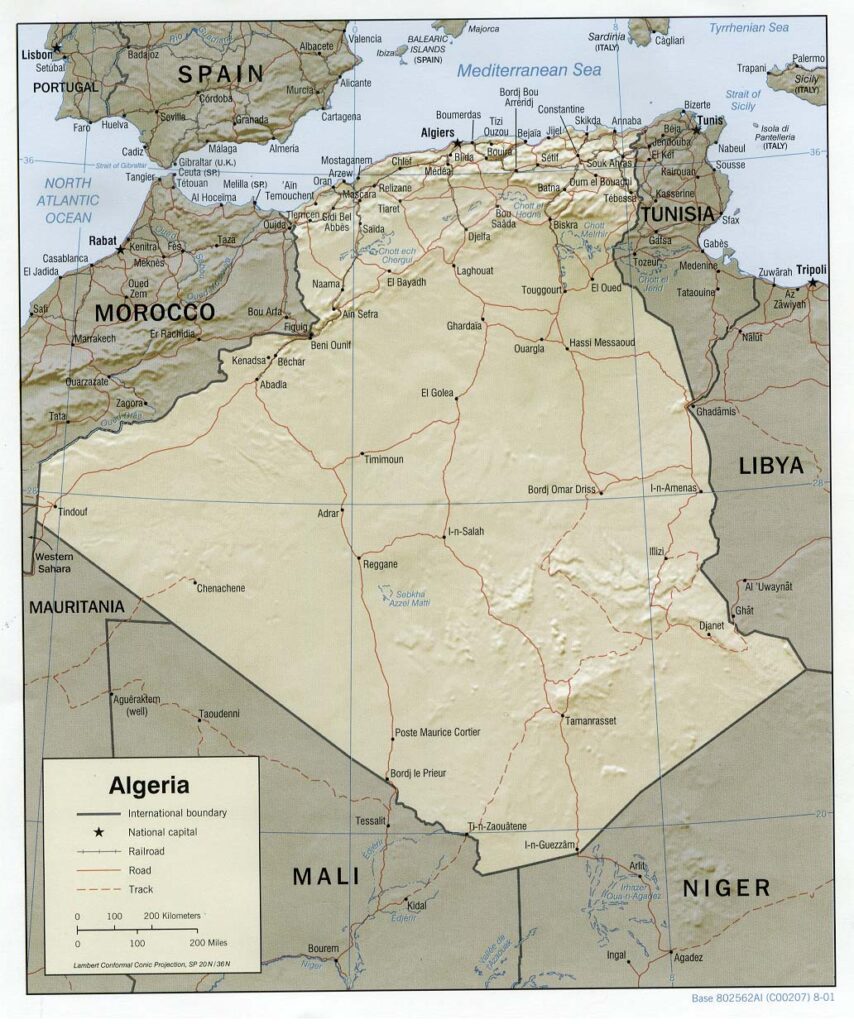 Mapa físico y político de Argelia (2001)