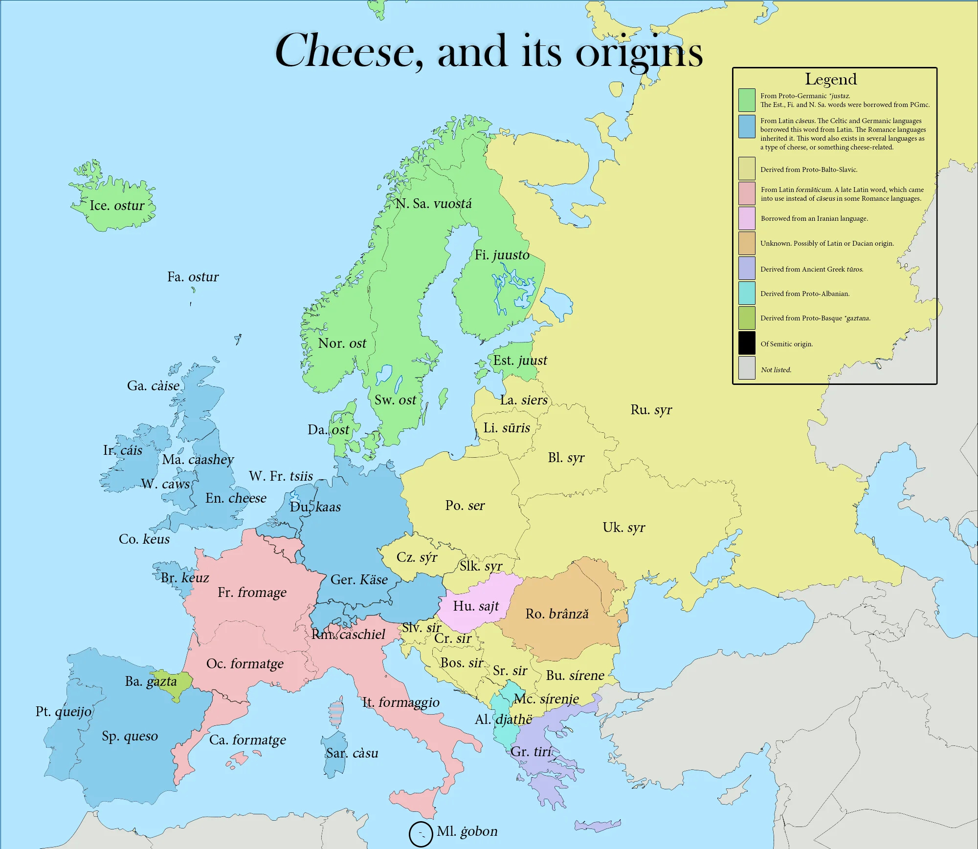 Mapa lingüístico del queso en Europa (2013)