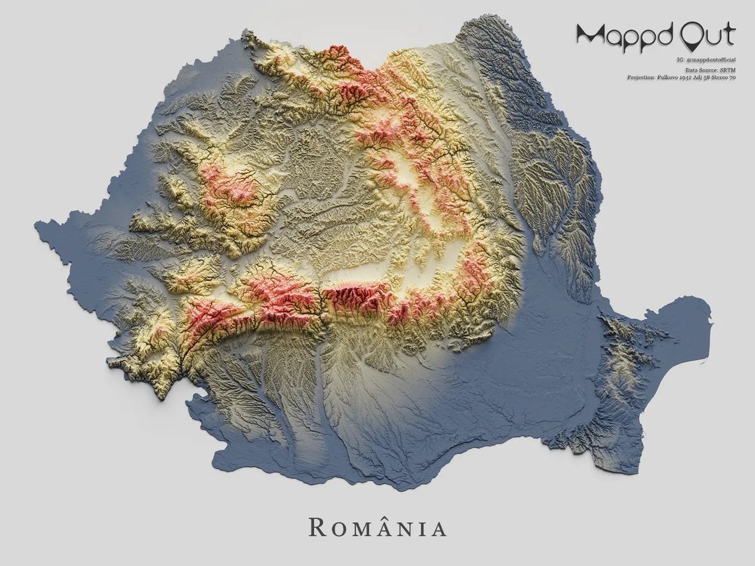 Mapa de relieve de Rumanía, por Miguel Valenzuela (2022)