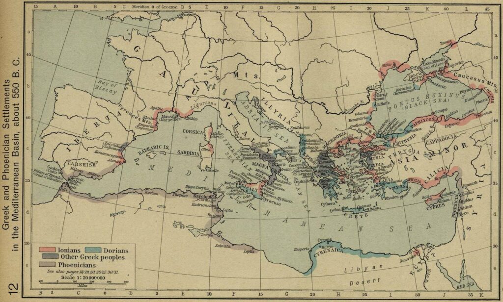 Asentamientos griegos y fenicios en el Mediterráneo (550 a.C.)