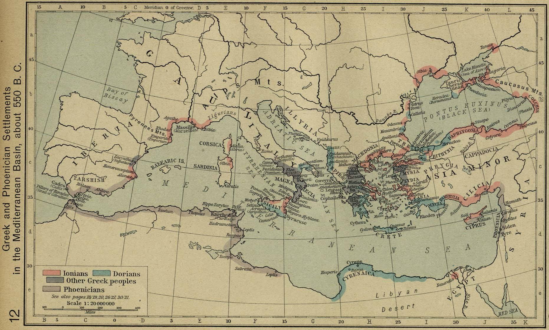 Asentamientos griegos y fenicios en el Mediterráneo (550 a. C.)