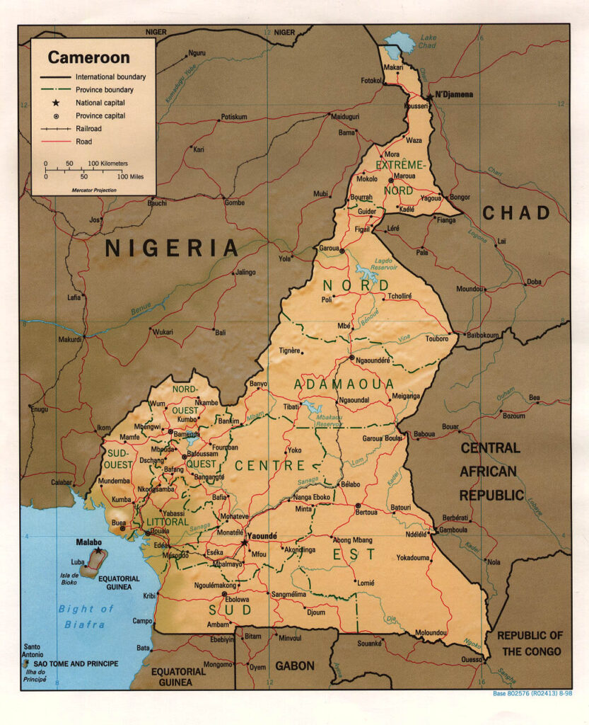 Mapa físico y político de Camerún (1998)