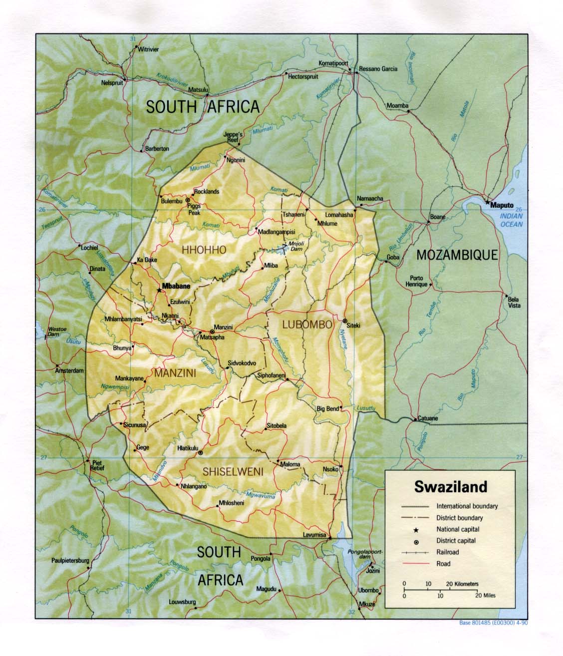 Mapa físico y político de Suazilandia (1990)