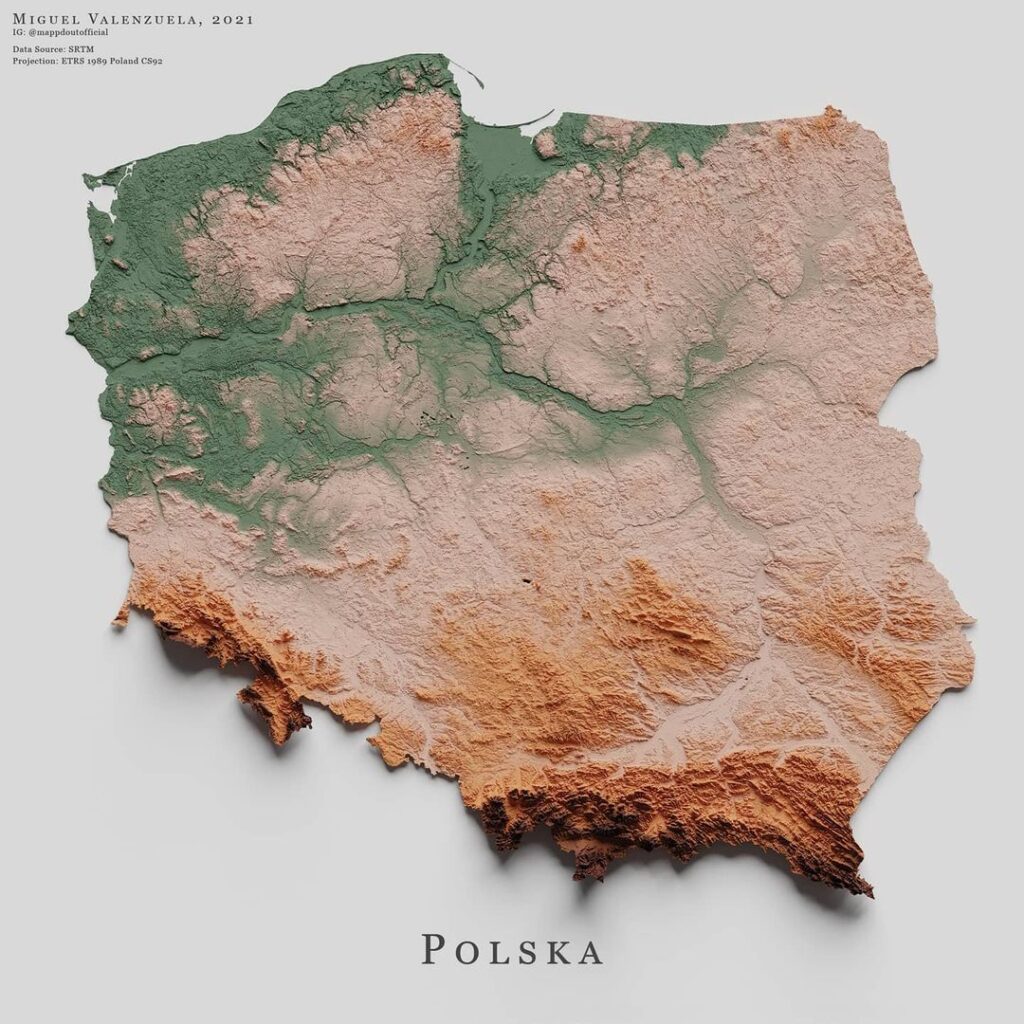 Mapa de relieve de Polonia, por Miguel Valenzuela (2021)