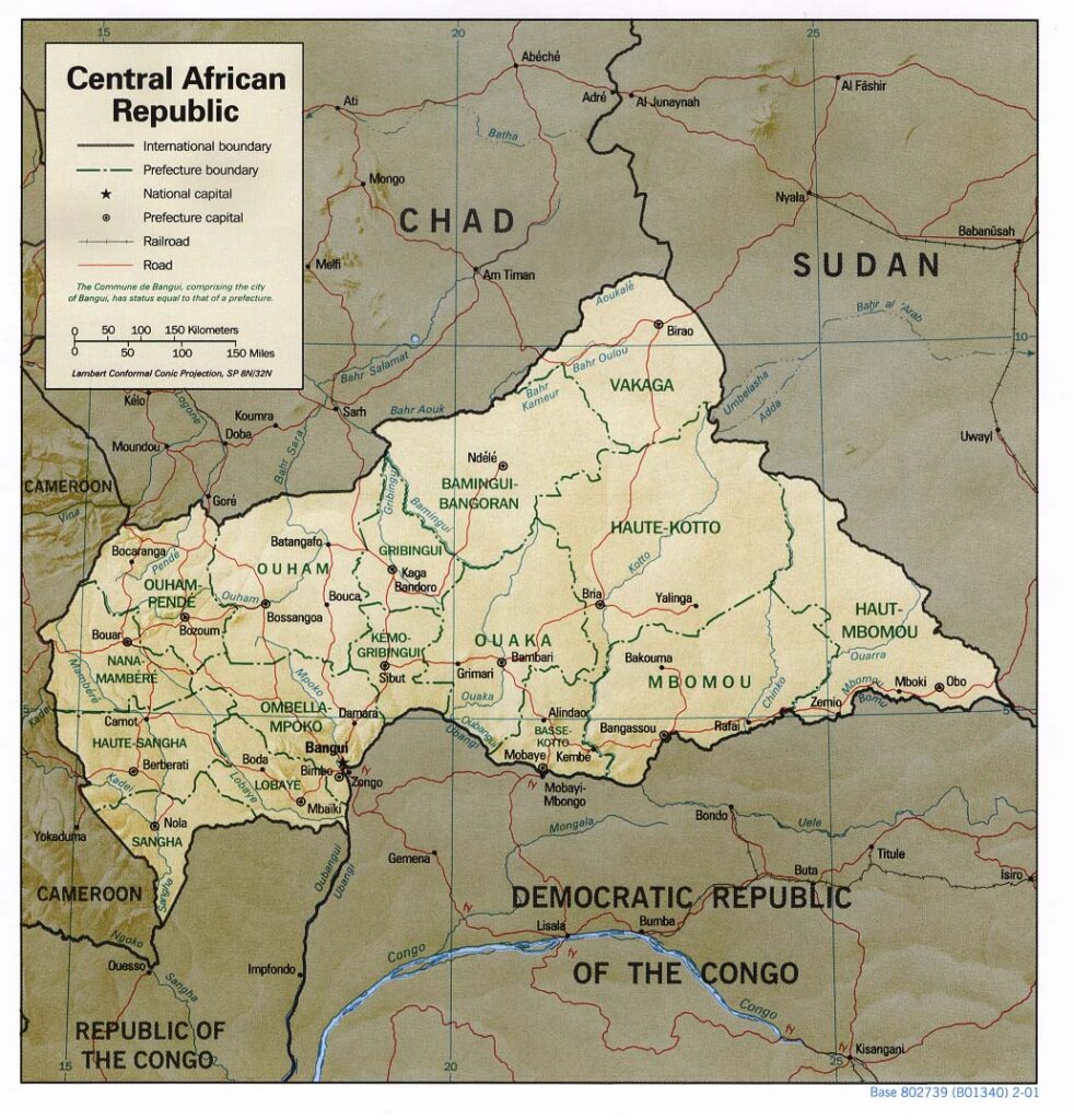 Mapa físico y político de la República Centroafricana (2001)