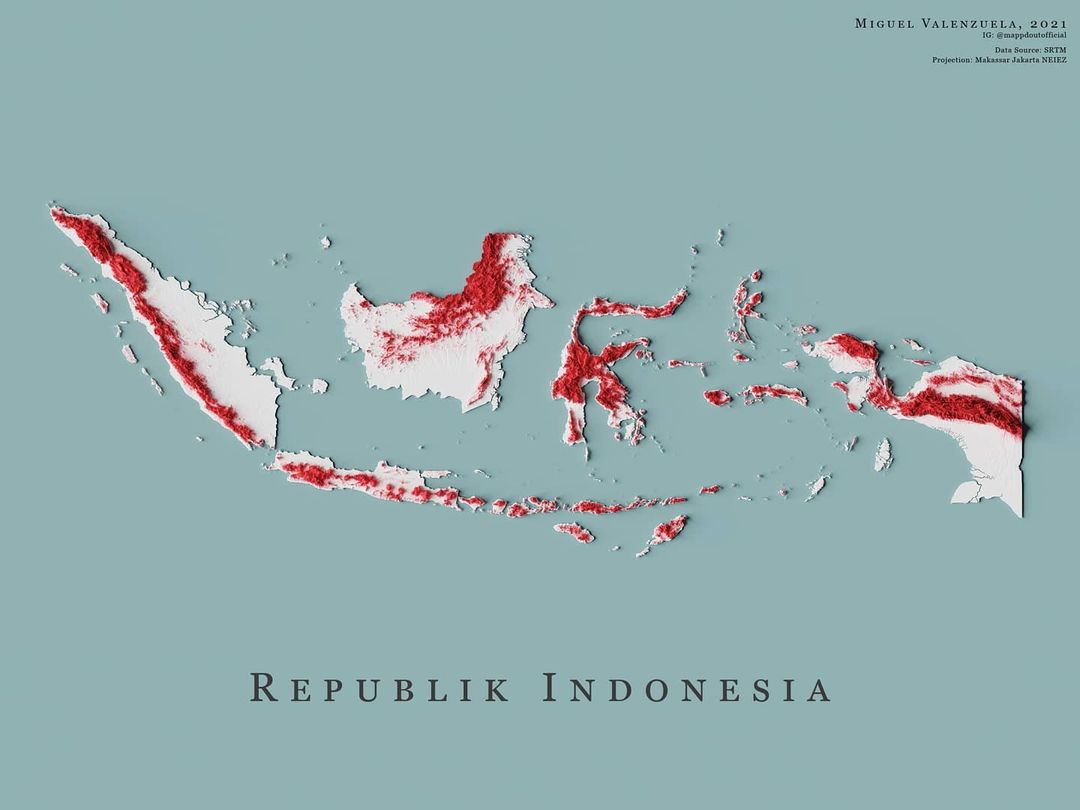 Mapa de relieve de Indonesia, por Miguel Valenzuela (2021)