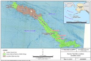 Map of nuclear tests in Amchitka (1965–1971)