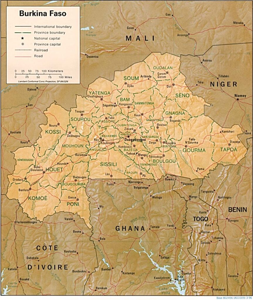 Mapa físico y político de Burkina Faso (1996)
