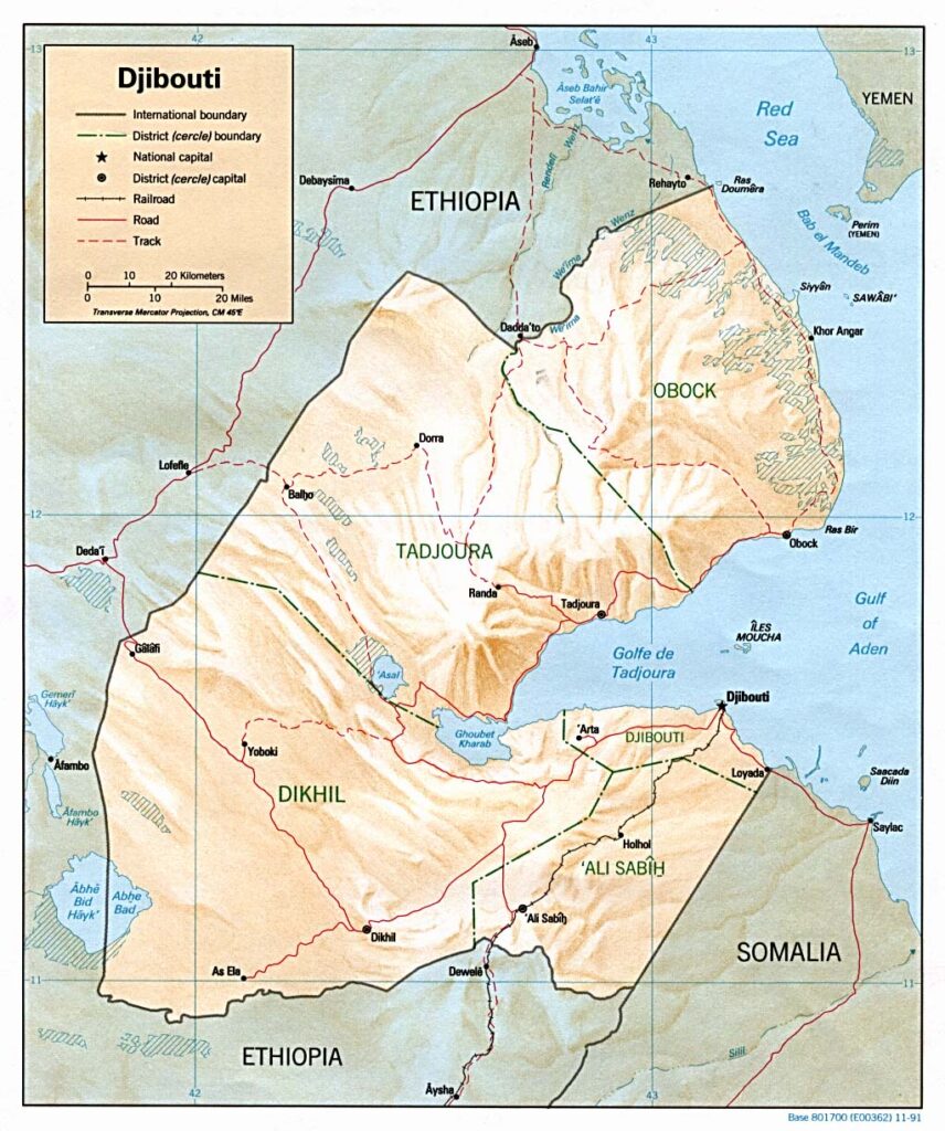 Mapa físico y político de Yibuti (1991)