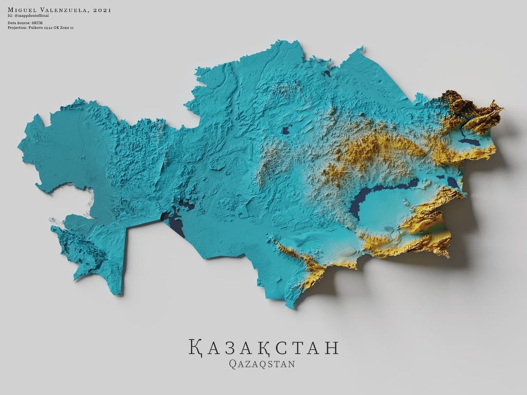 Mapa de relieve de Kazajistán, por Miguel Valenzuela (2021)