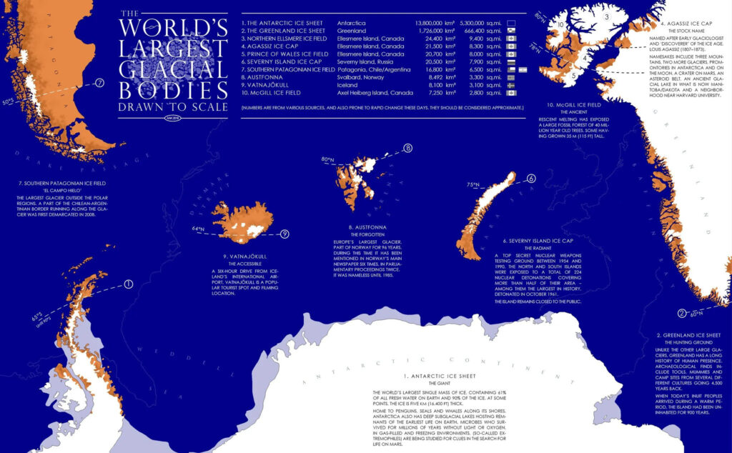 Los grandes cuerpos glaciares del mundo a escala (2016)