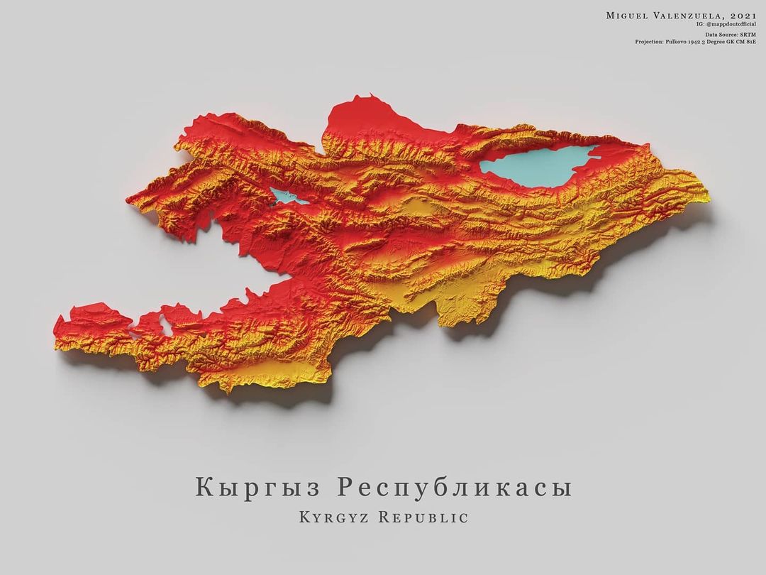 Mapa de relieve de Kirguistán, por Miguel Valenzuela (2021)
