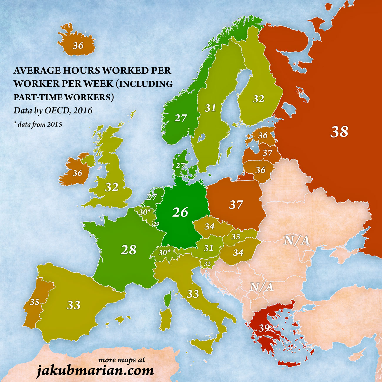 Media de horas trabajadas a la semana en Europa (2017)