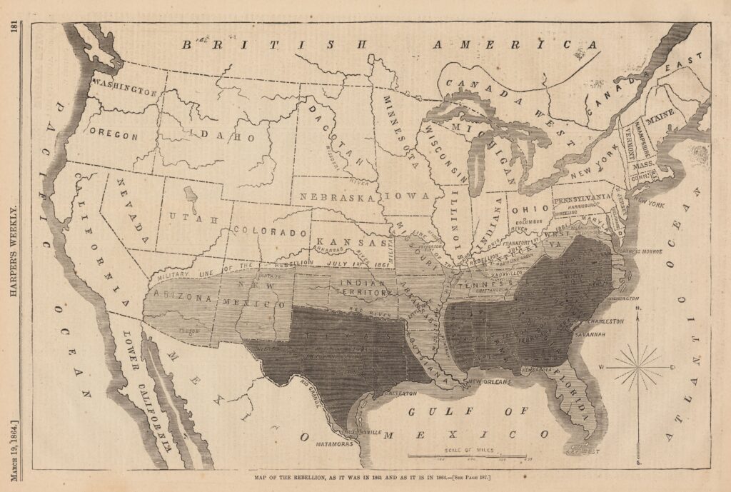 Mapa de la rebelión, la guerra de Secesión (1864)