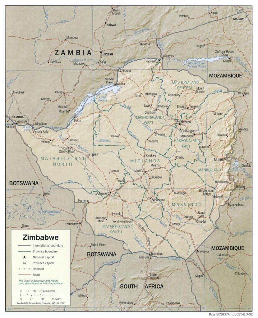 Mapa físico y político de Zimbabue (2002)
