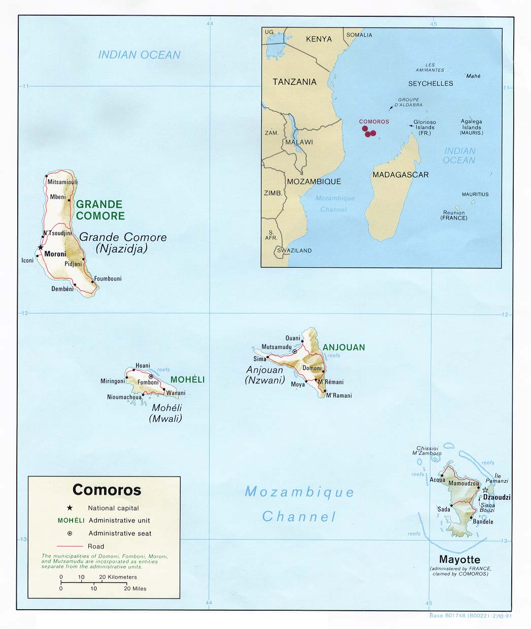 Mapa físico y político de Comoras (1991)