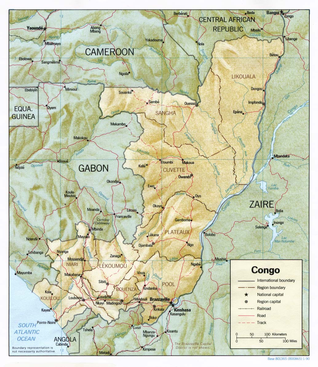 Mapa físico y político de la República del Congo (1990)