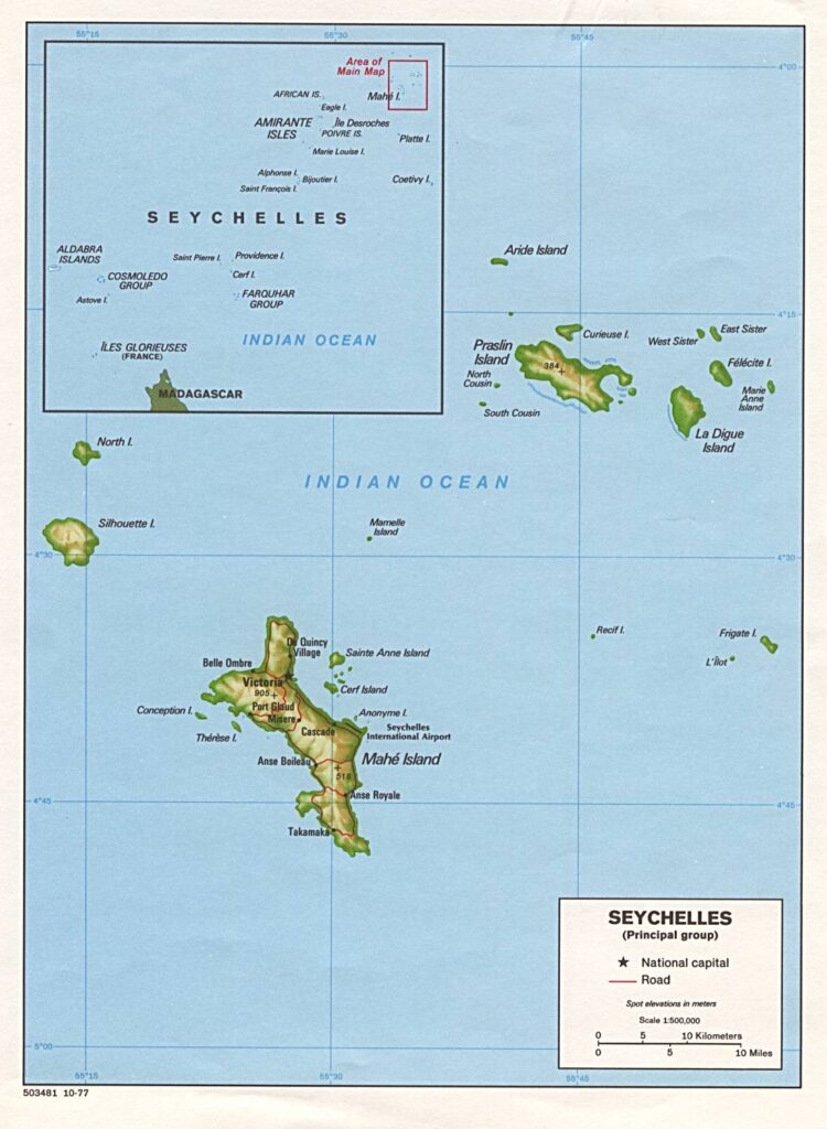Mapa físico y político de Seychelles (1977)