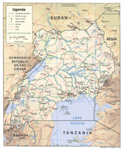 Physical and political map of Uganda (2005)