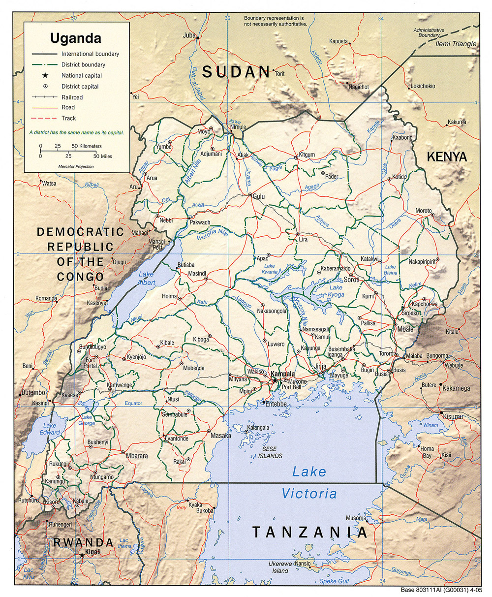 Mapa físico y político de Uganda (2005)