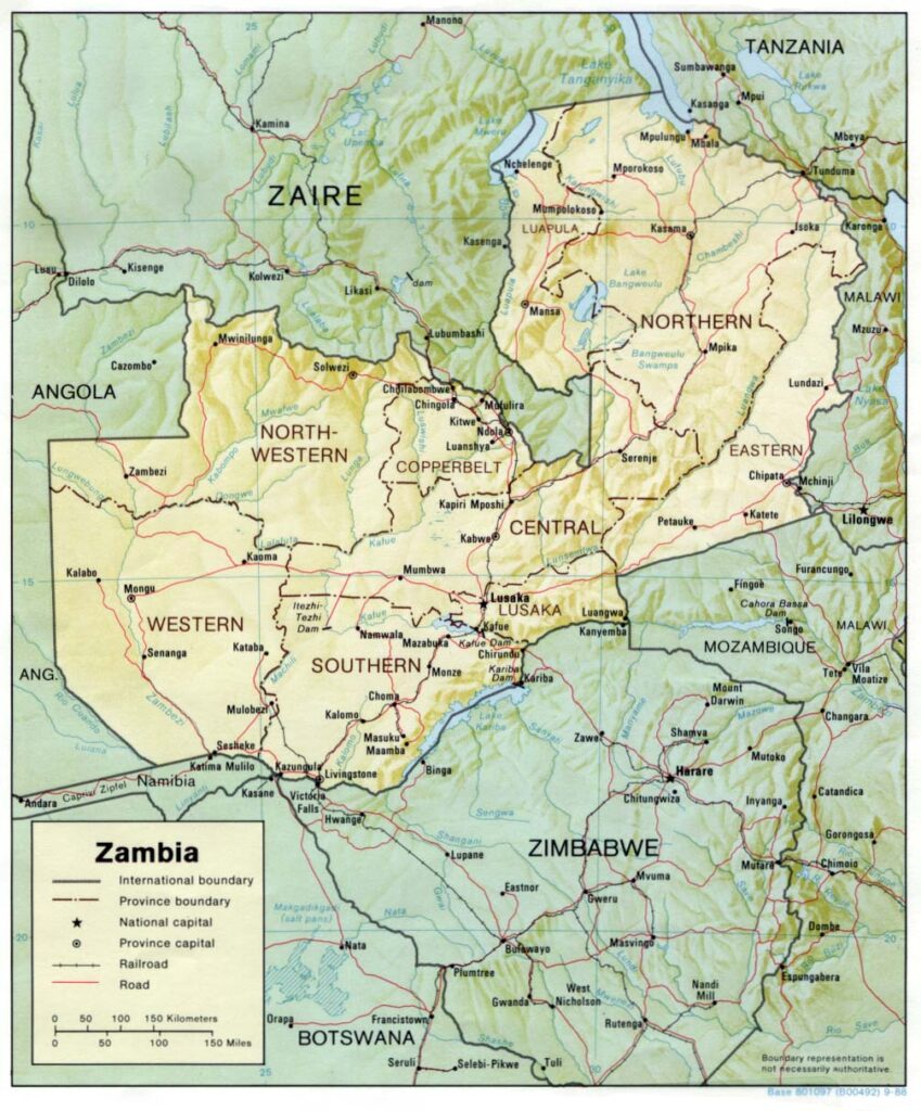 Mapa físico y político de Zambia (1988)