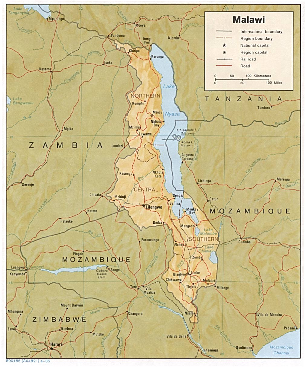 Mapa físico y político de Malaui (1985)
